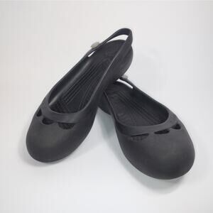 Crocs Slingback Slip On Shoes Black Jayna US Women's 8 Ballet Flat Flower Accent